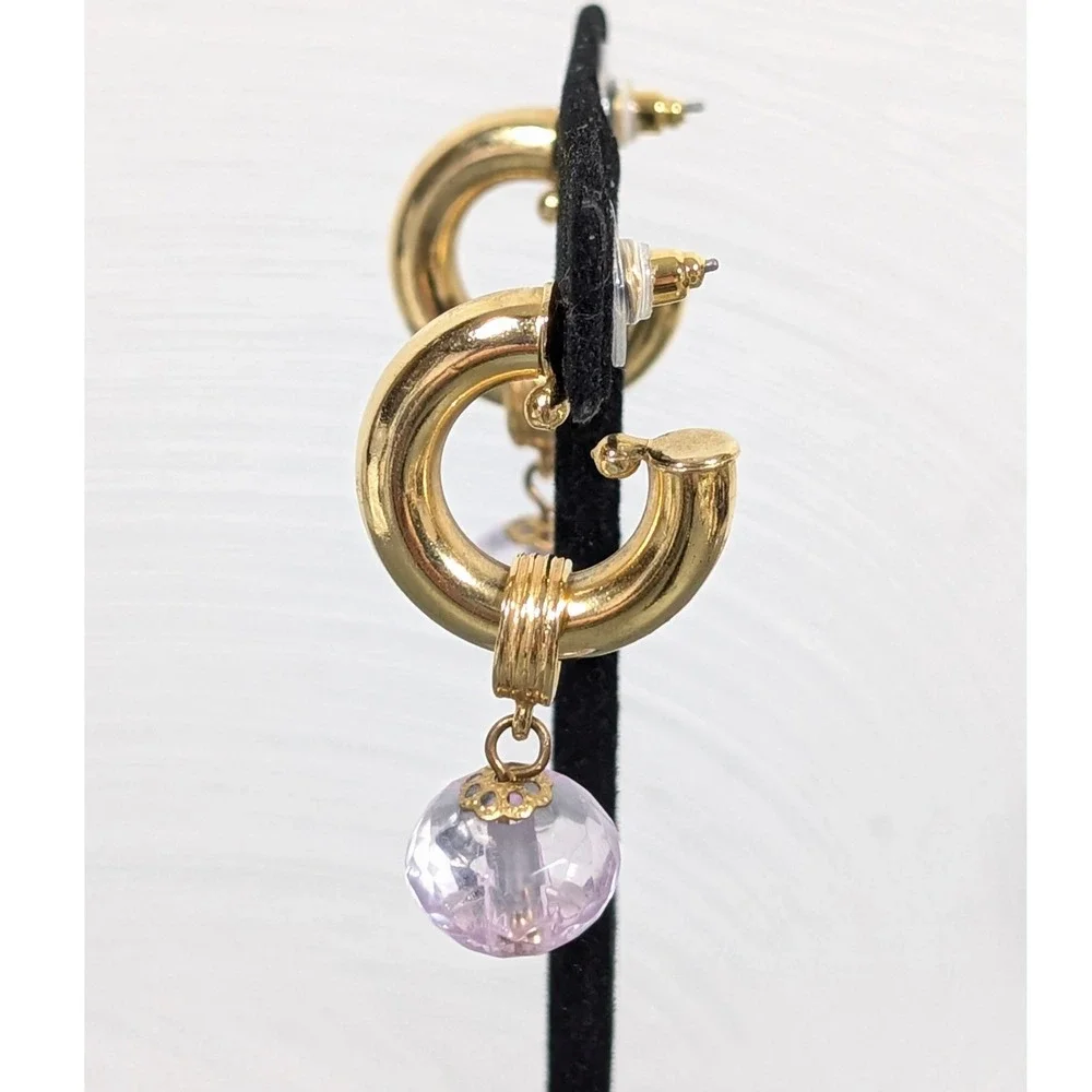 Vintage‎ Pink Lucite Drop Hoop Earrings Gold Tone Retro Charm Dangle